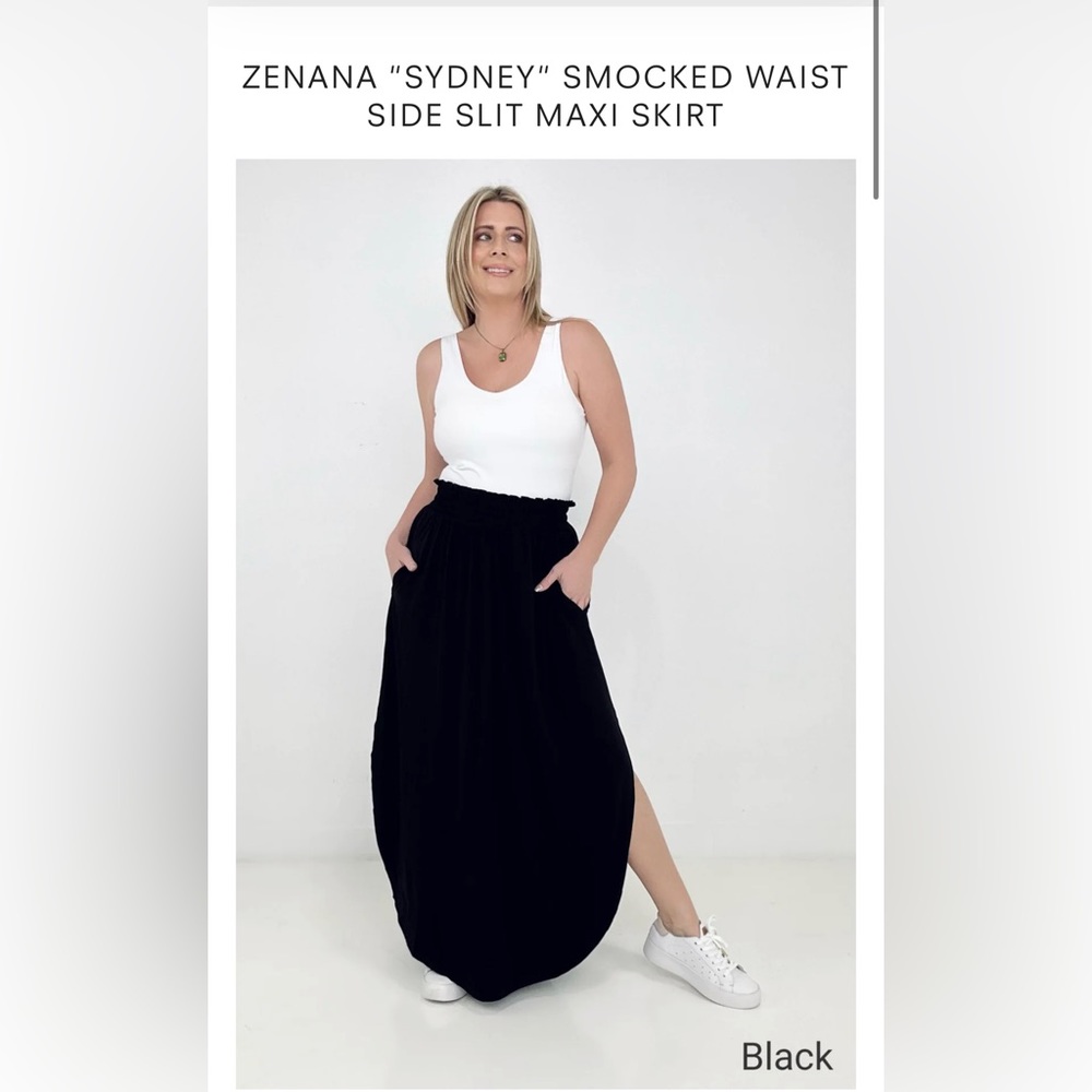 ZENANA "SYDNEY" SMOCKED WAIST SIDE SLIT MAXI SKIRT
